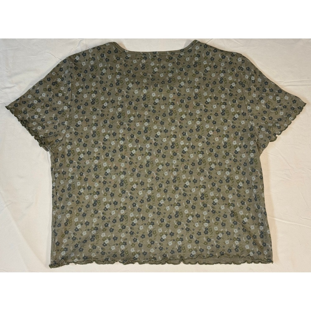 American Eagle Womens XL Floral Waffle Knit Lettuce Edge Top Sage Green 01233 - Picture 2 of 8